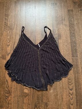 Free People Black V-Neck Beaded Stitch Camisole